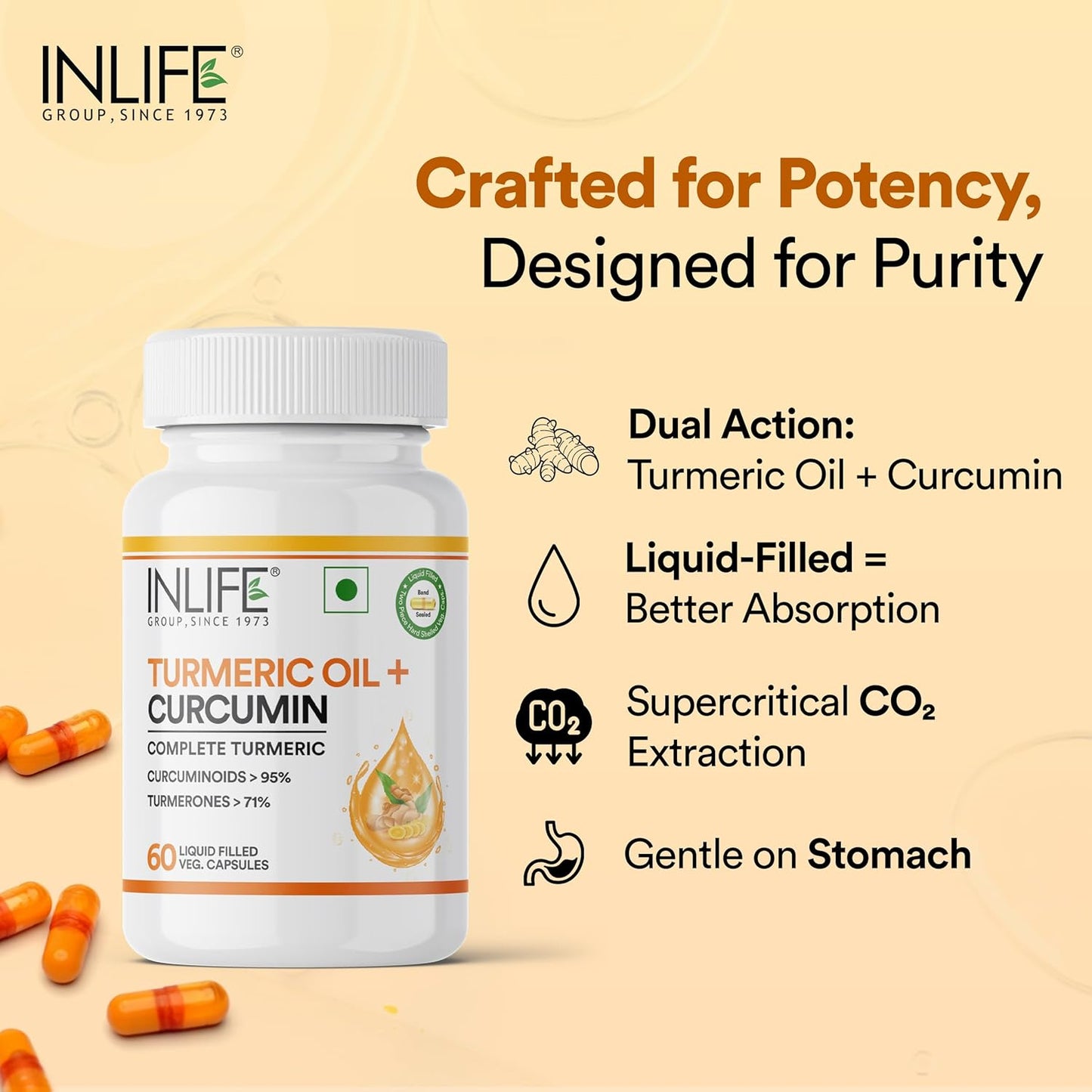 INLIFE Curcumin Capsules with Turmeric Oil | 71% Turmerones & 95% Curcuminoids | Supercritical CO₂ Extracted Oil Supplement | Immune Support & Joint Health – 60 Liquid Filled Vegetarian Capsules