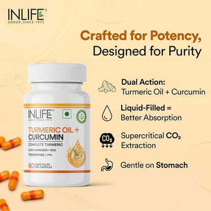 INLIFE Curcumin Capsules with Turmeric Oil | 71% Turmerones & 95% Curcuminoids | Supercritical CO₂ Extracted Oil Supplement | Immune Support & Joint Health – 60 Liquid Filled Vegetarian Capsules