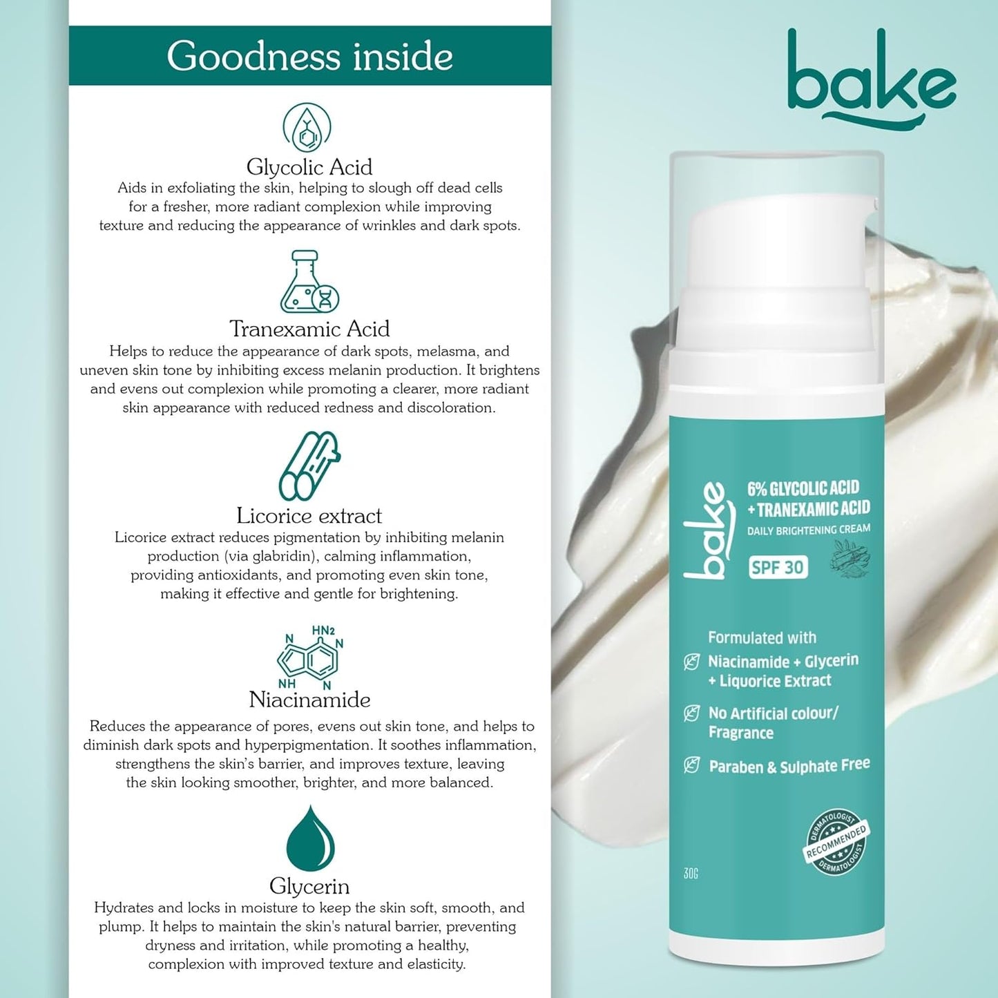 BAKE 6% Glycolic Acid Cream with Niacinamide for Pigmentation, Dark Spots & Tan Removal | Daily Brightening Cream | Improves Uneven Skin Tone & Reduces Sun Damage | For Men & Women | 30g