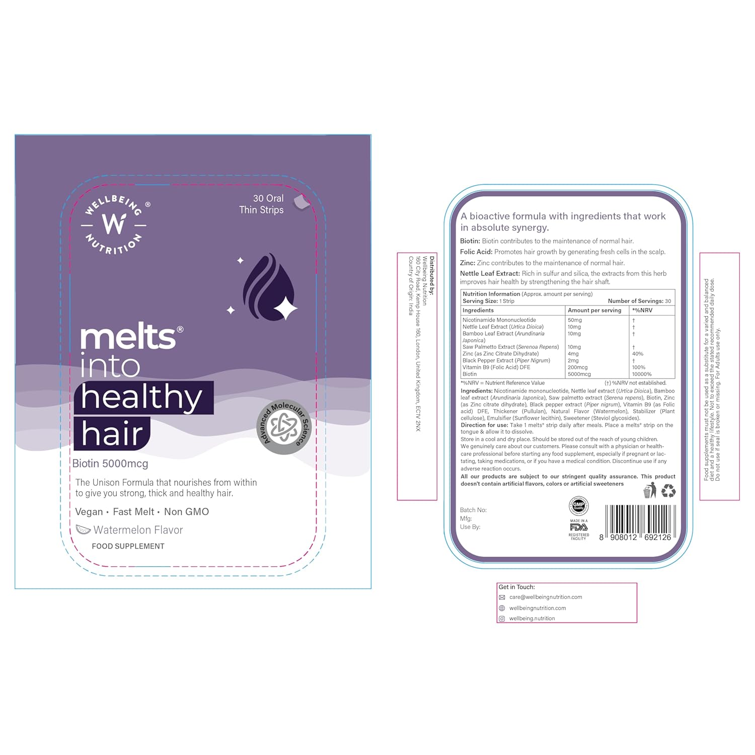 Zephivo Wellbeing Nutrition Melts Healthy Hair | Plant Based Biotin for Hair Nourishment, Strength and Thickness with Zinc, Bamboo Extract, Folic acid (30 Oral Strips)