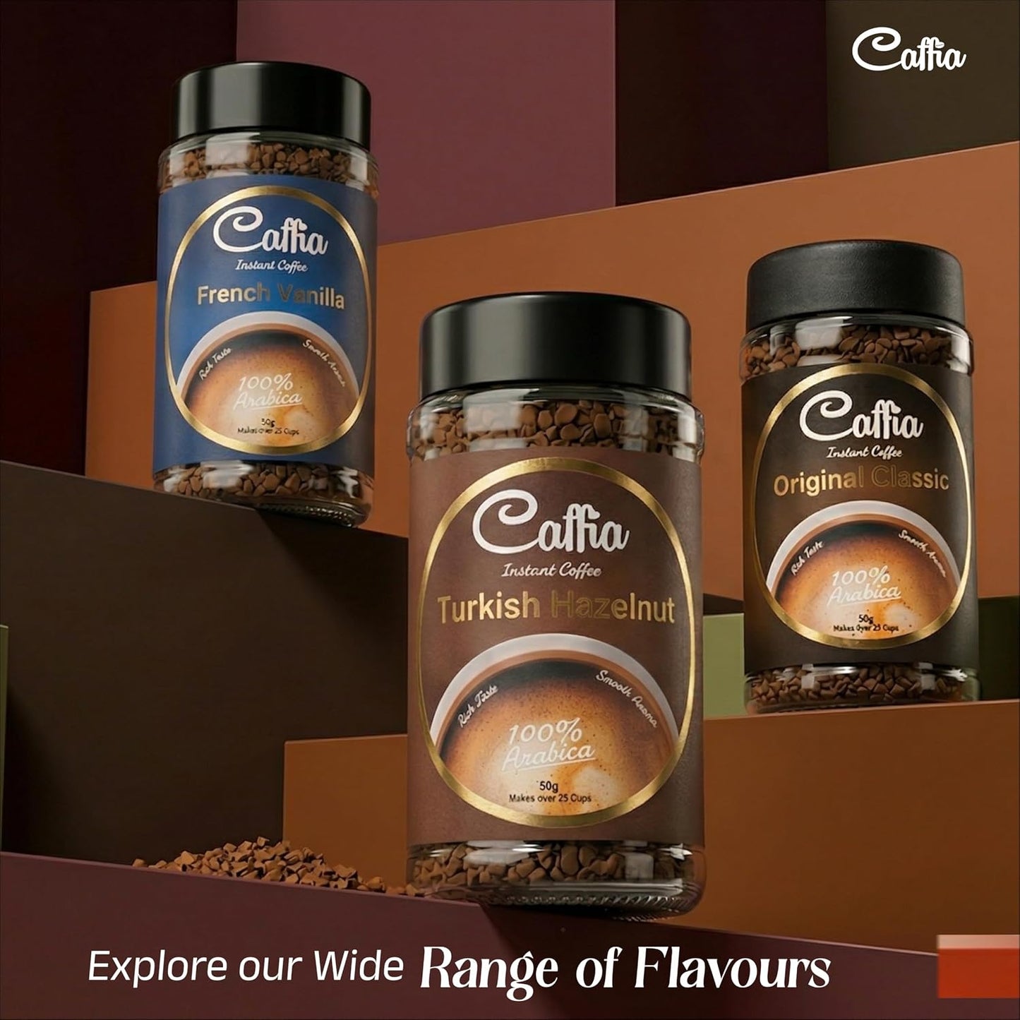 CAFFIA Turkish Hazelnut Premium Instant Coffee | 100% Arabica | Freeze Dried Coffee Powder - 50g | Make Cafe Style Hot or Cold Coffee at Home | Smooth Medium Roast | Rich & Smooth Taste
