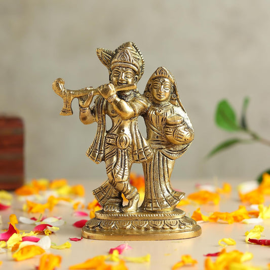 Radha Krishna Brass Idol for Home Decor & Pooja Room | Handcrafted Hindu God Statue for Love, Peace & Good Luck Gift Item (Design02: L9 x W4 x H12 cm)