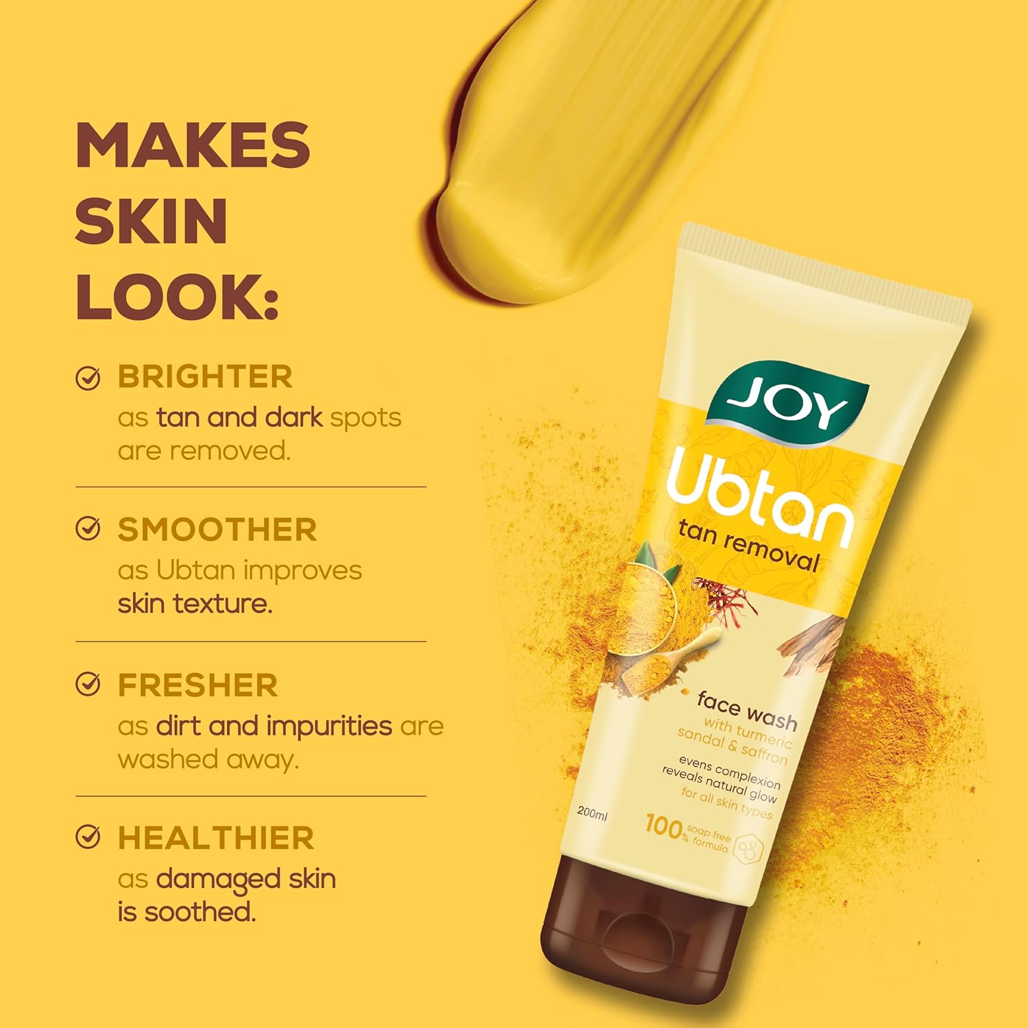 Joy Ubtan tan removal face wash tube on a yellow background with text highlighting benefits.
