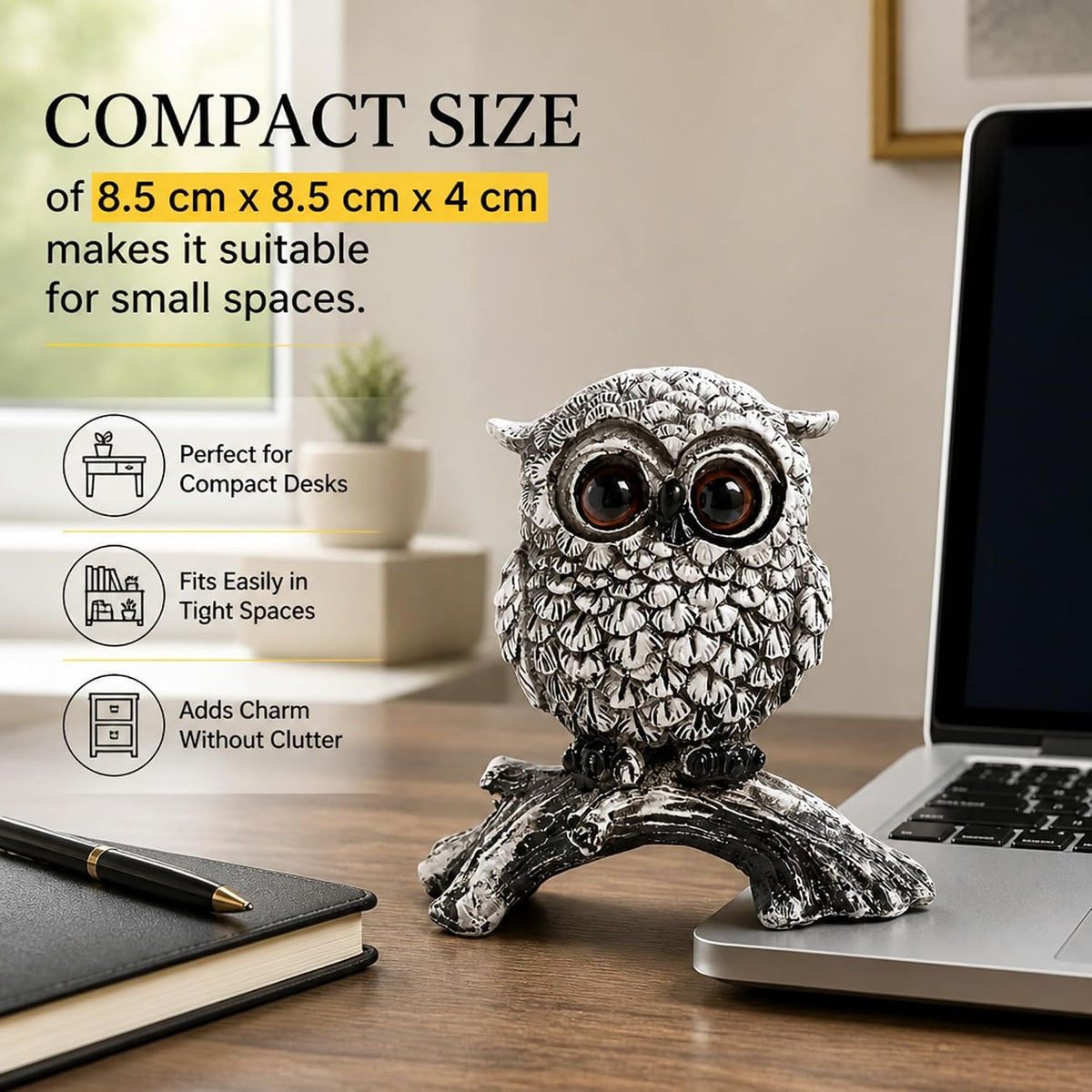 White Owl Figurine on Natural Wood-Look Log, Black & White Owl Statue for Home Office Desk Decor (Small)