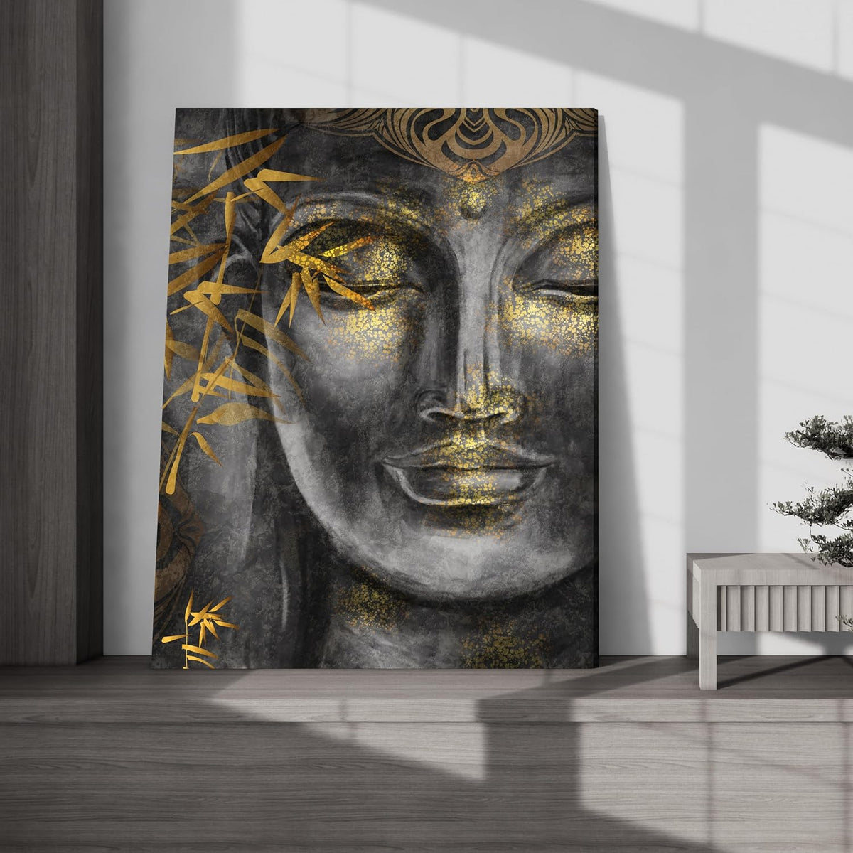 Stretched Canvas Painting Buddha Face Theme Grey Gold Wall For Living Room, Home Decor, Wall Decoration Paintings (Size: 16x22 Inch)