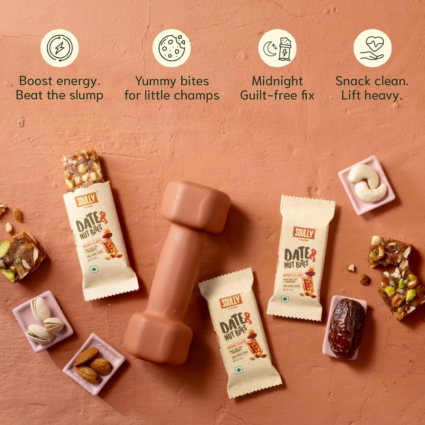 SOULLY Nature's Classic Date & Nut Mini Energy Bars 200g (10 Bars x 20g), Whole Dates, Almonds, Cashews, Pistachios & Cow Ghee, 93 Calories Per Bar, No Added Sugar, No Preservatives