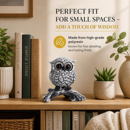 White Owl Figurine on Natural Wood-Look Log, Black & White Owl Statue for Home Office Desk Decor (Small)