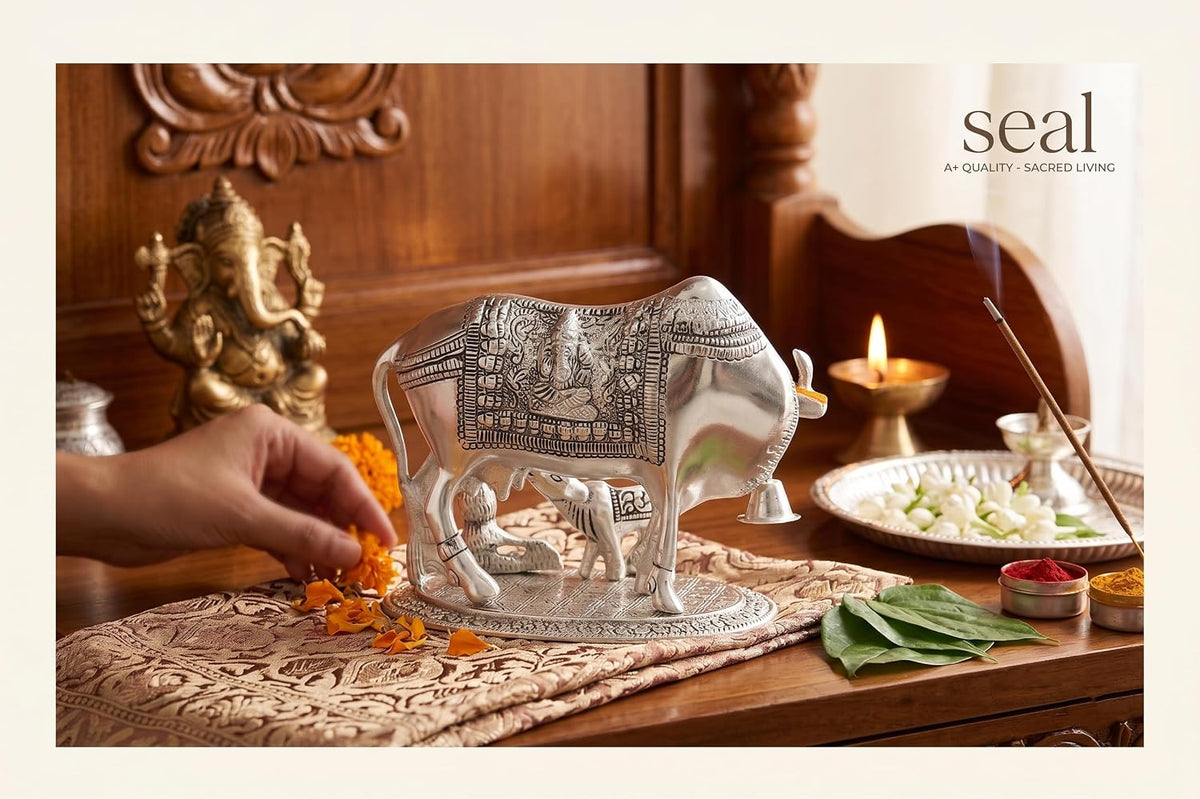 KridayKraft Kamdhenu Cow & Calf with Bal Gopal Krishna Metal Statue Vastu Idol for Good Luck, Wealth & Prosperity, Feng Shui Showpiece for Home, Office & Housewarming Gift (Silver)