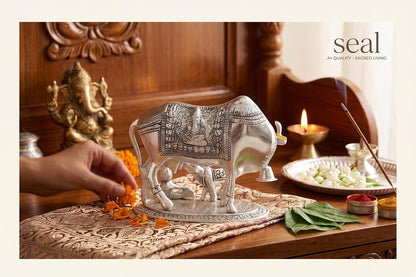 KridayKraft Kamdhenu Cow & Calf with Bal Gopal Krishna Metal Statue Vastu Idol for Good Luck, Wealth & Prosperity, Feng Shui Showpiece for Home, Office & Housewarming Gift (Silver)