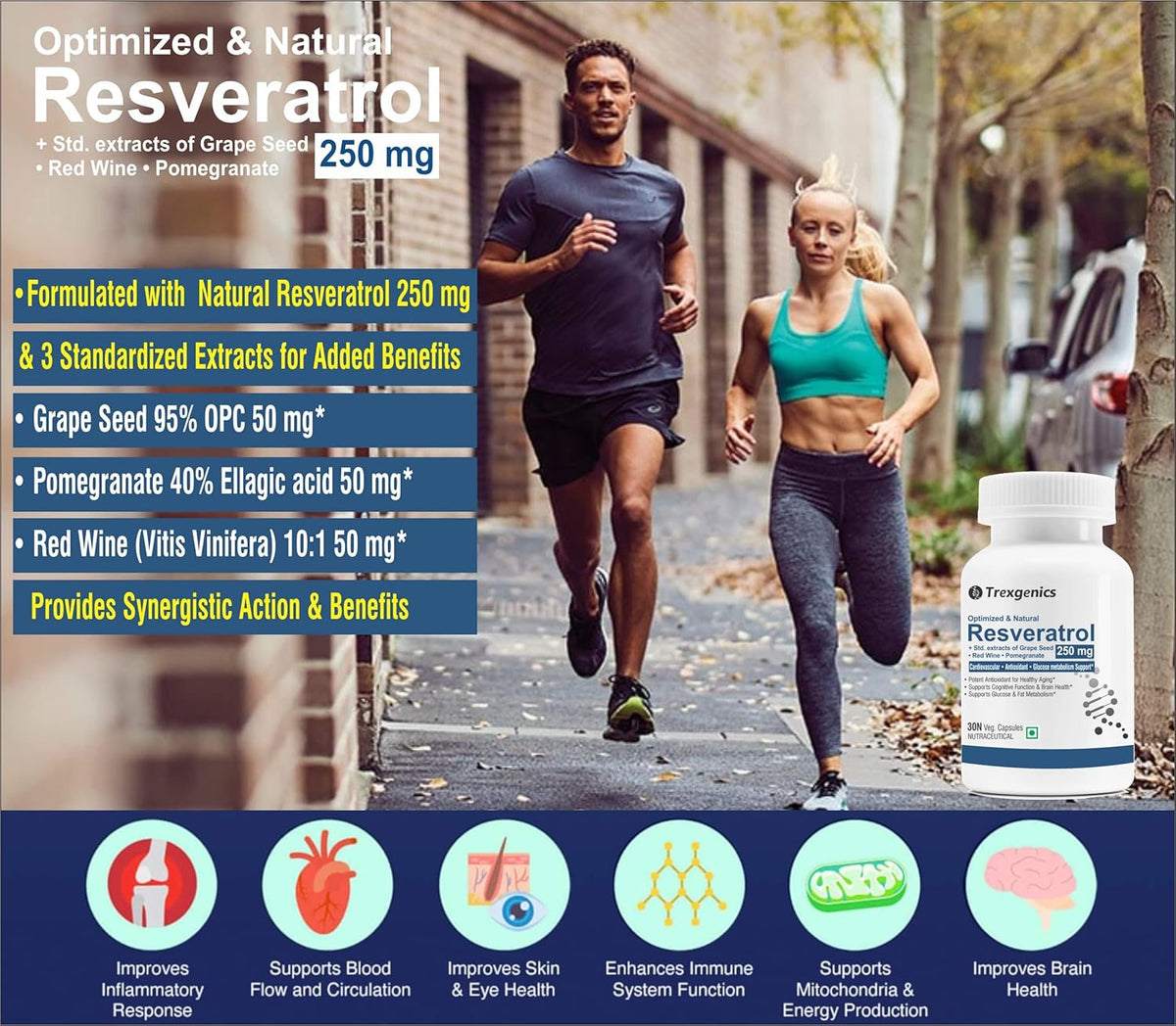 Two people running outdoors with a bottle of Resveratrol supplement in the foreground.