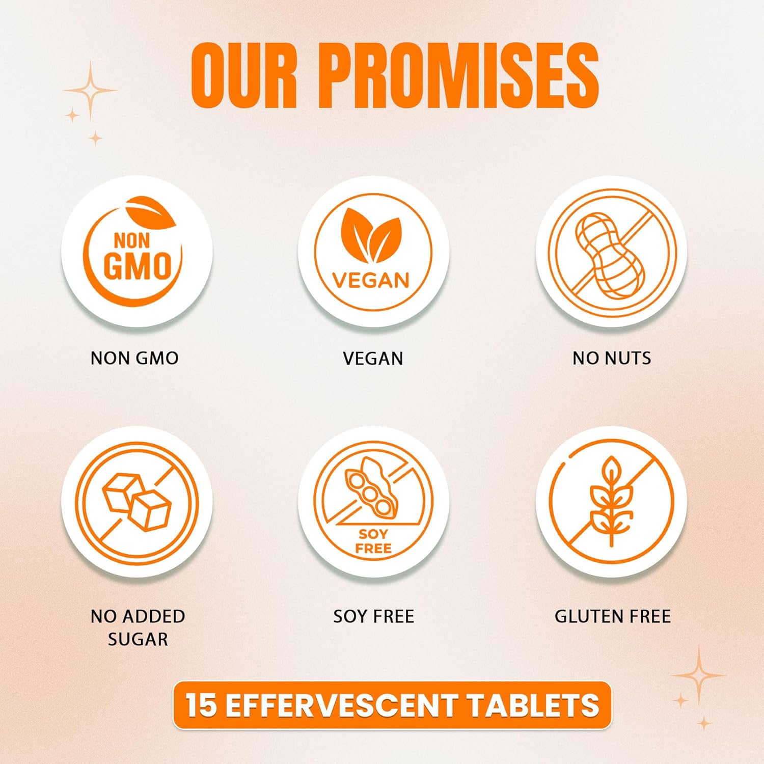 Promises of non-GMO, vegan, no nuts, no added sugar, soy free, and gluten free on a gradient background.