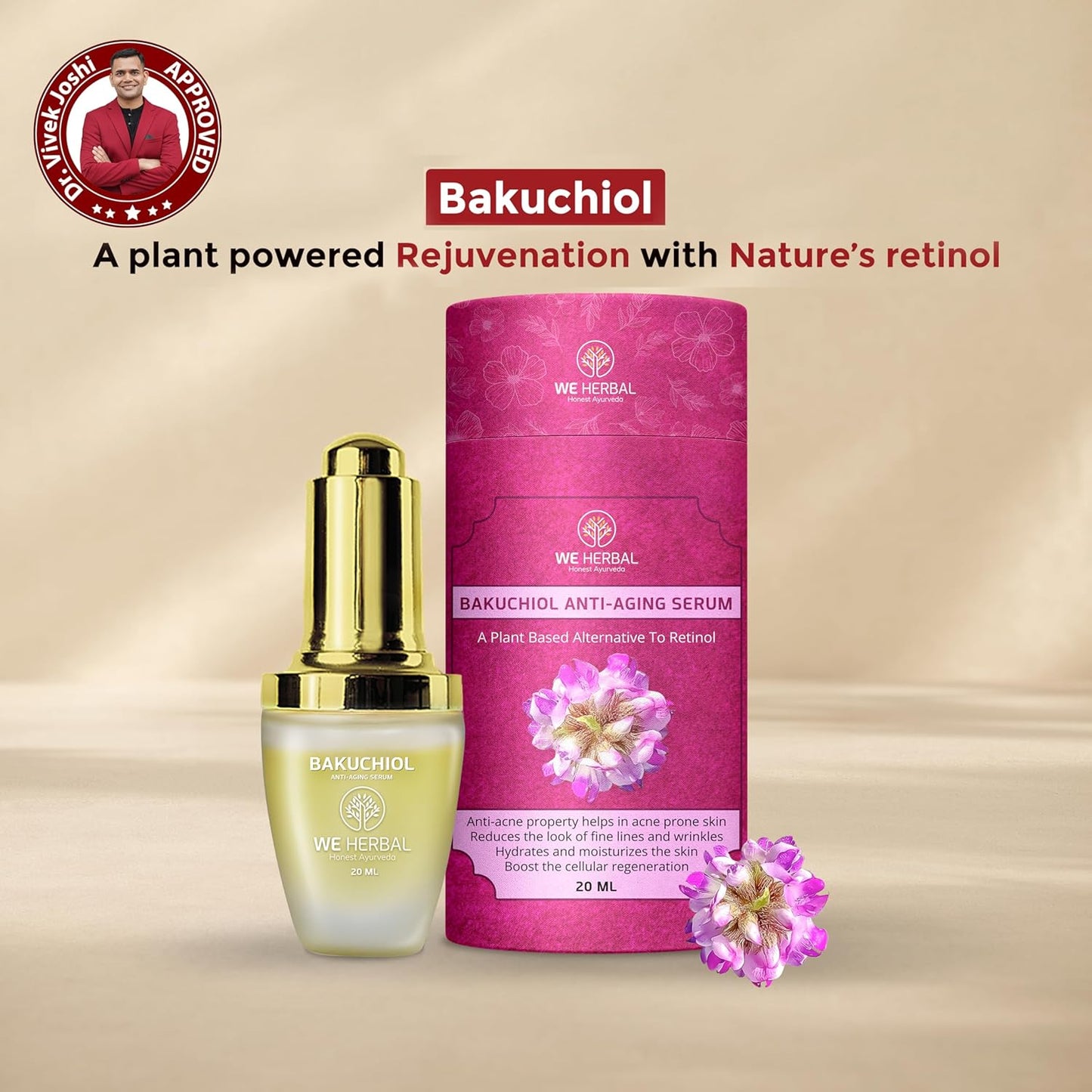 WE HERBAL Bakuchiol Anti-Ageing Serum 20ml, Natural Retinol Alternative with Rosehip & Almond Oil, Targets Acne-Causing Bacteria, Reduces Pimples, Fine Lines & Dark Spots, No Chemicals or Fragrance
