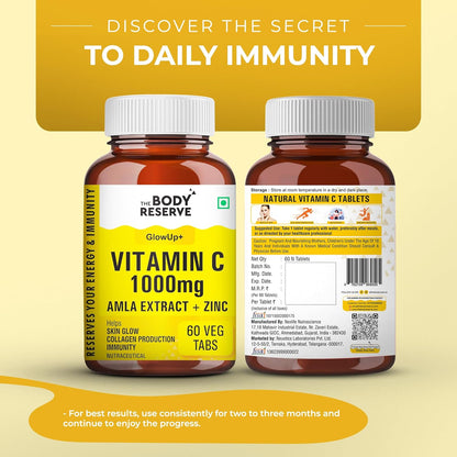 Two bottles of Body Reserve Vitamin C supplement on a yellow background with text about daily immunity.