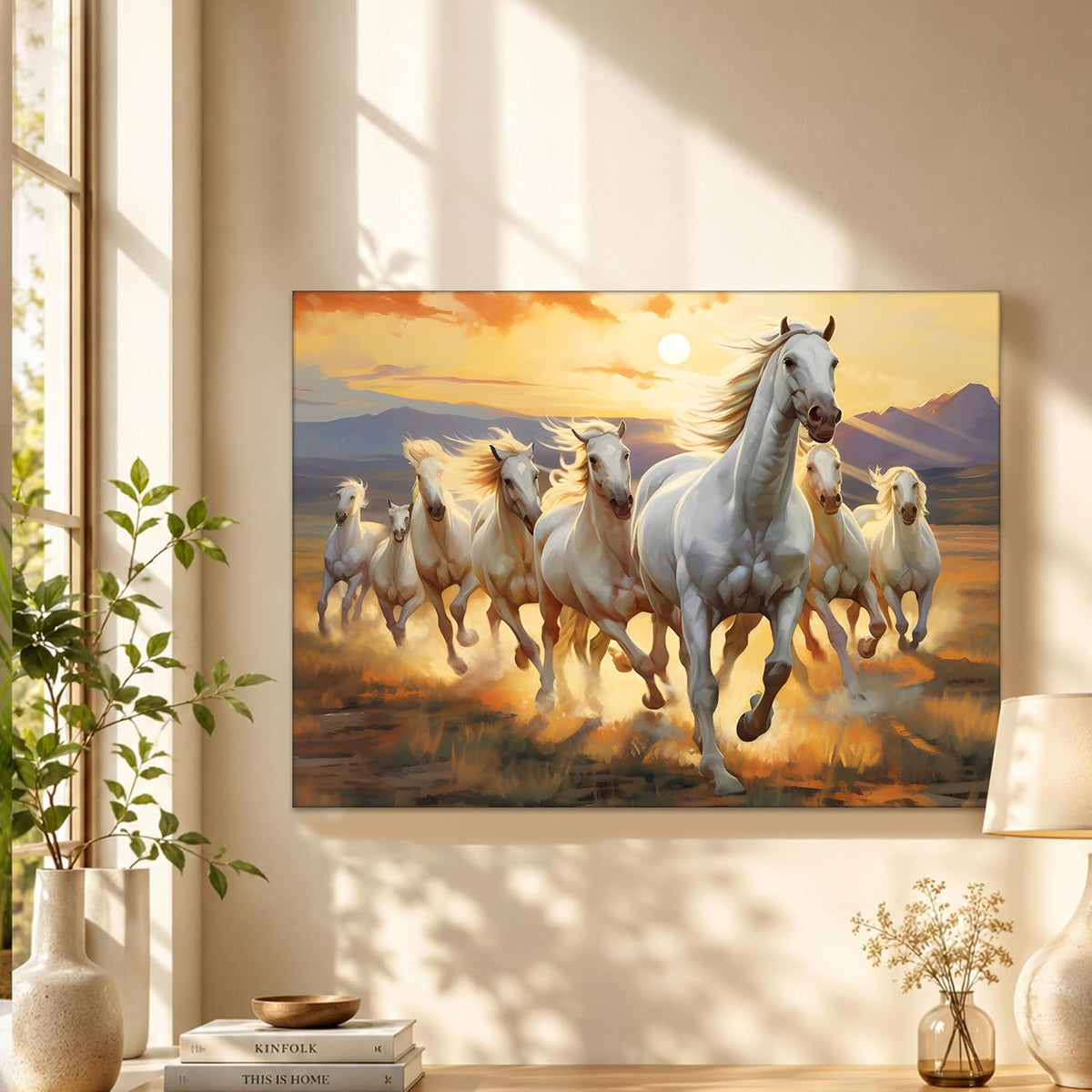 7 White Running Horses Wall Art Painting For Living Room, Abstract Vastu Seven Horses Painting For Wall, Stretched Canvas Decoration item for bedroom, 16x22 Inch