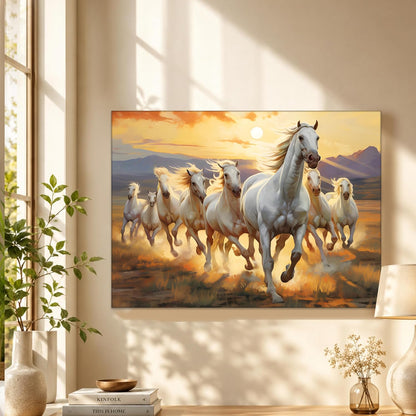 7 White Running Horses Wall Art Painting For Living Room, Abstract Vastu Seven Horses Painting For Wall, Stretched Canvas Decoration item for bedroom, 16x22 Inch
