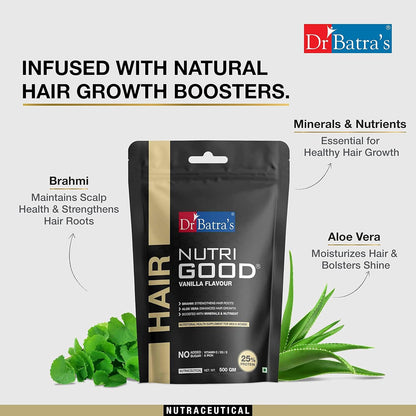 Dr Batra’s Nutrigood Hair Protein Powder 500g Vanilla with Brahmi, Biotin, Collagen & Keratin | Supplement for Hair Fall Control, Hair Growth, Stronger Thicker Hair & Scalp Nourishment | For Men & Women
