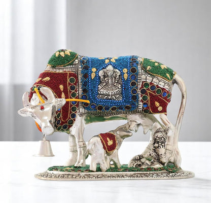 KridayKraft Gold Plated Kamdhenu Cow with Calf Metal Statue for Good Luck Feng Shui & Vastu Showpiece Religious Idol Fingures for Home and Office Table Decor