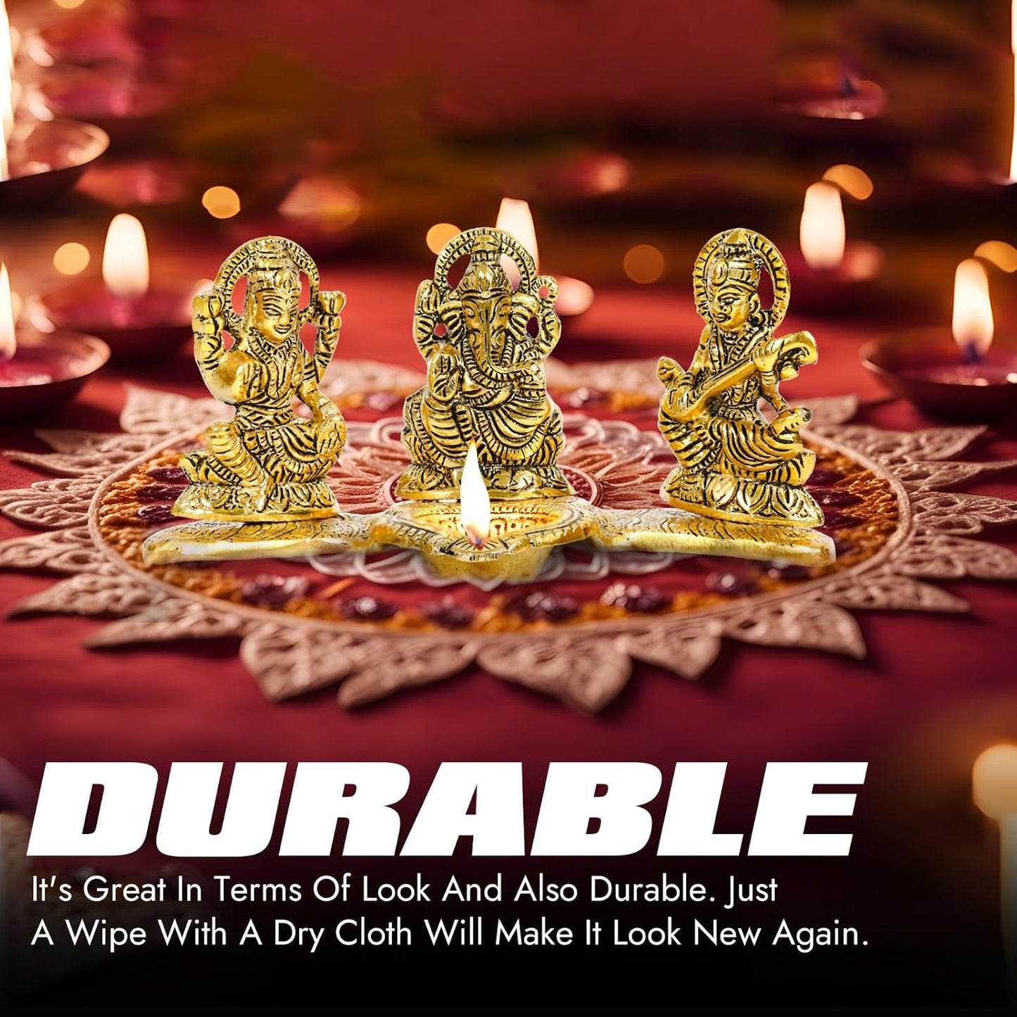 Kalakriti God Idols for puja Room Metal Antique Ganesh laxmi Saraswati Idol Murti |Decorative Platter with Diya, Sitting Blessing Ganpati for Diwali Decoration Festival, Golden
