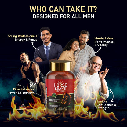 Horse Shakti supplement bottle with people labeled for different age groups and needs on a dark background.