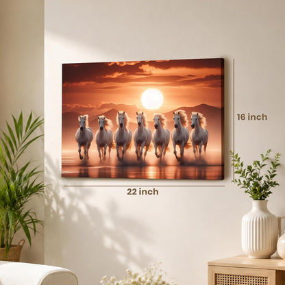7 White Running Horses Vastu Wall Art Painting for Living Room, Seven Running Horses Painting for Bedroom, Home & Office, Stretched Canvas 16x22 Inch