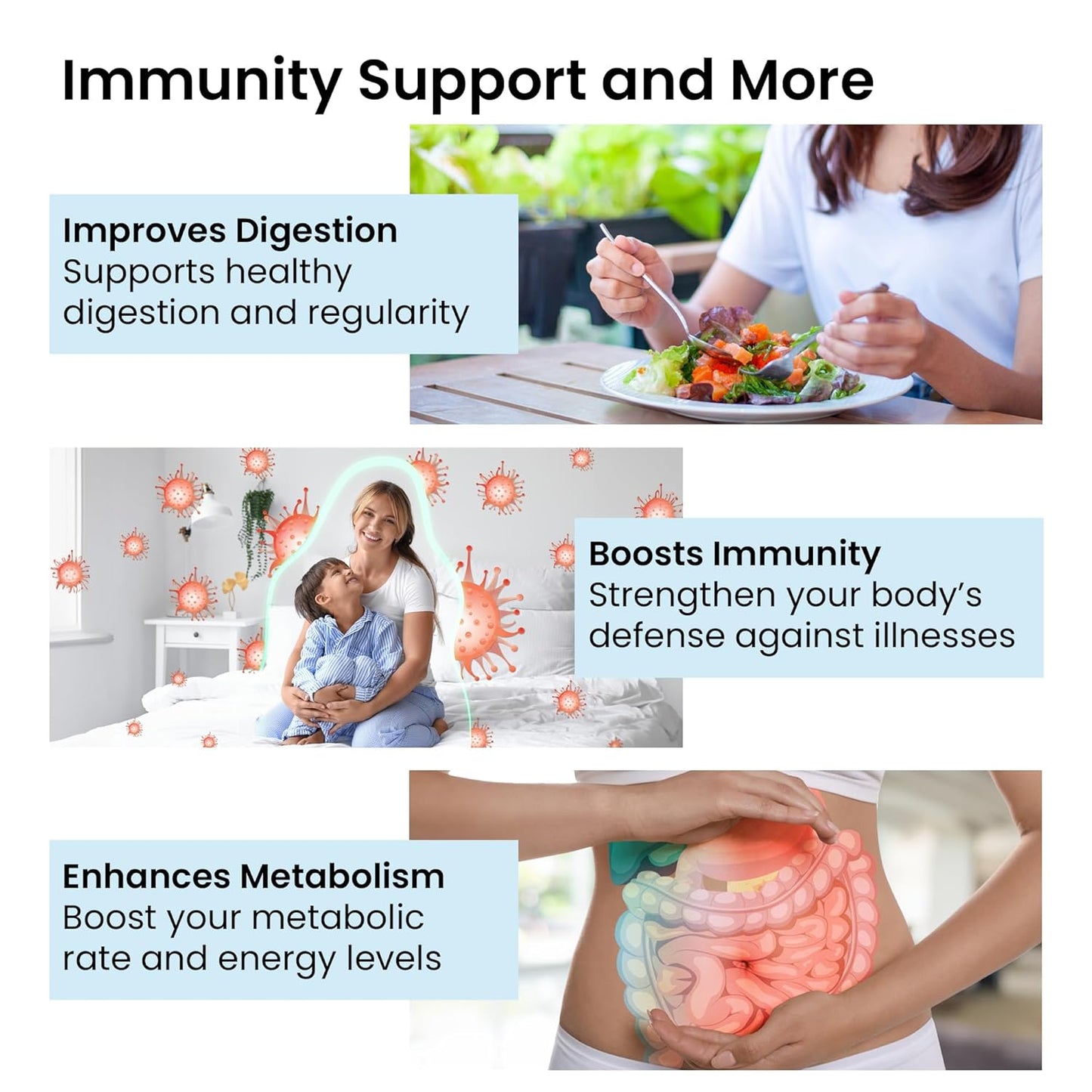 Collage of images related to immunity support, digestion, and metabolism with text and people eating.