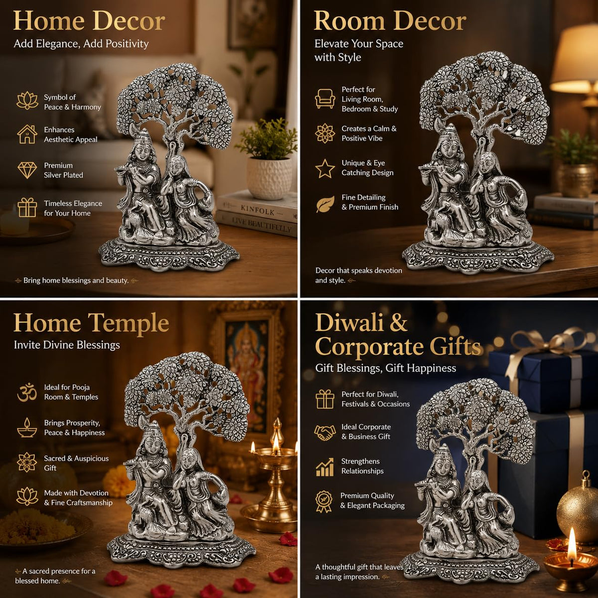 Lavanaya Silver Brand - Silver Plated Radha Krishna Idol | tatue | Showpiece with Velvet Gift Box - Perfect for Marriage Anniversary, Wedding, Housewarming, and Birthday Gifting