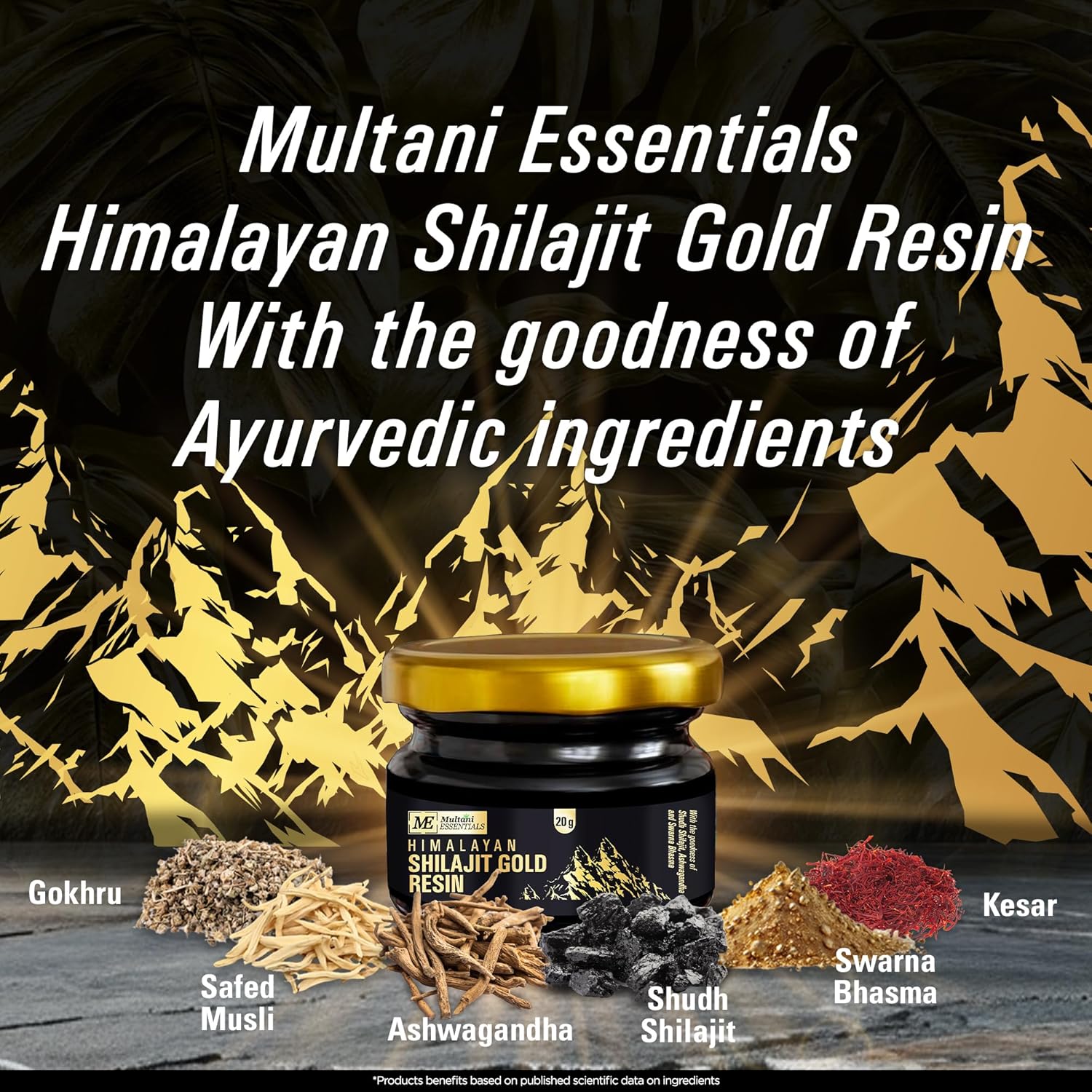 Multani Essentials Himalayan Shilajit Gold Resin with Ayurvedic ingredients on a dark background