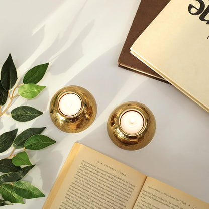 BEHOMA Pebble Bowl Metal Pack of 2 Tealight Candle Holders Set - Gold