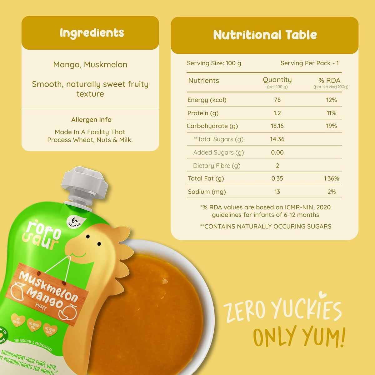 Rorosaur Ready to Eat Muskmelon & Mango Baby Food Puree Pouch 100g Each, Pack of 2 | For 6+ Months Babies & Toddlers | 100% Natural, No Added Sugar, No Preservatives