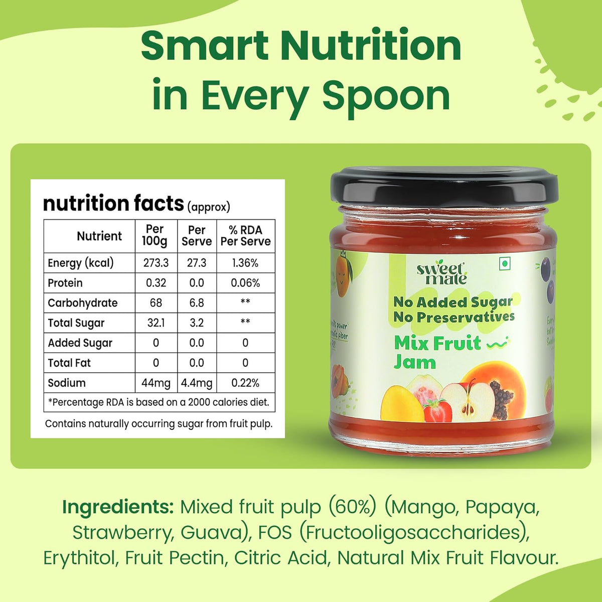 Sweetmate Mix Fruit Jam for Kids and Adults - (220g) | 100% Pure No Added Sugar | With Real Fruit Pulp | Naturally Sweetened | Diabetic and Keto Friendly | Delicious Jam