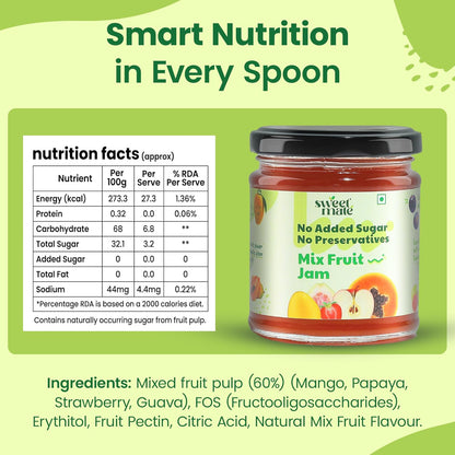 Sweetmate Mix Fruit Jam for Kids and Adults - (220g) | 100% Pure No Added Sugar | With Real Fruit Pulp | Naturally Sweetened | Diabetic and Keto Friendly | Delicious Jam
