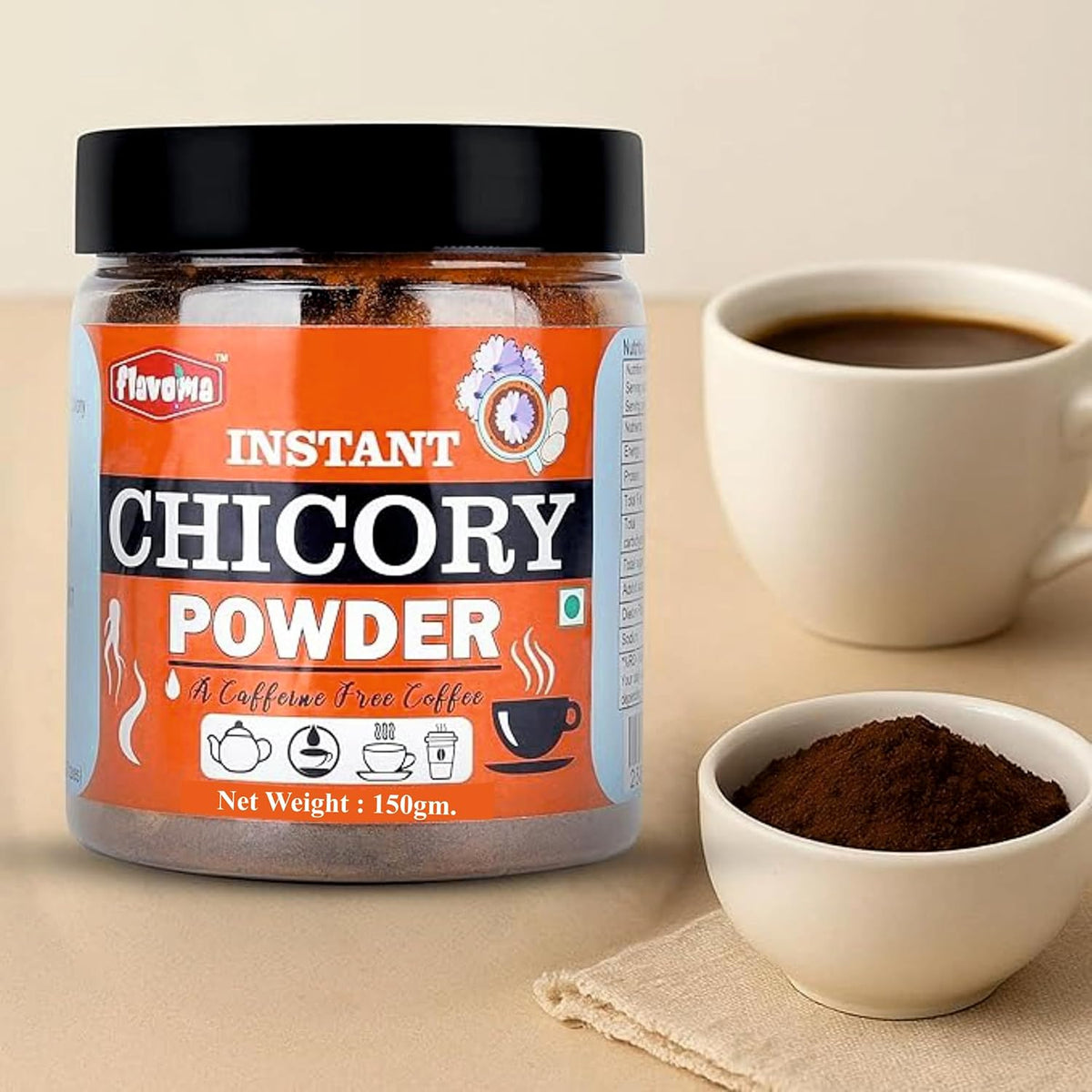 Flavoma Instant Chicory Powder, 150g | 100% Pure & Natural | Coffee Substitute with Rich Aroma | Caffeine-Free Beverage | Easy to Mix Hot or Cold | For Daily Use