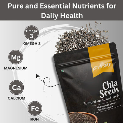 Purevitr Chia Seeds | 200g | Raw Chia Seeds for eating | Protein Rich Superfood | Immunity Booster, High in Calcium, Fiber & Antioxidants | Healthy Snacks | No Preservatives (Pack of 1)