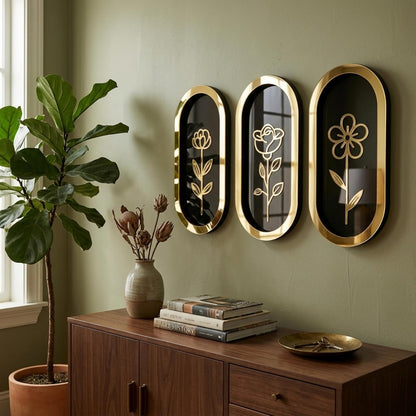 Pack of 3 Floral Wall Art with Black & Golden Wood Base Flower Cutouts Decor for Living Room Bedroom