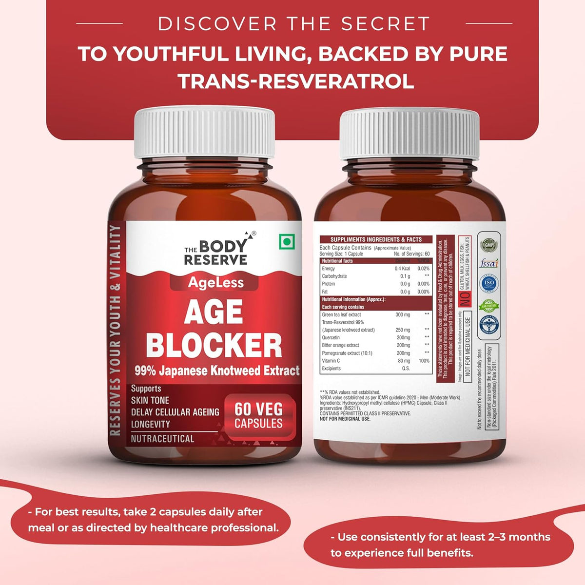 Two bottles of 'Age Blocker' with red and white labels on a pink background.