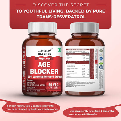 Two bottles of 'Age Blocker' with red and white labels on a pink background.