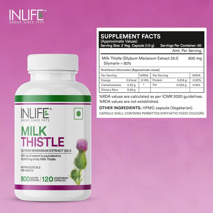INLIFE Milk Thistle Extract 800mg | 80% Silymarin Liver Support Supplement - 120 Vegetarian Capsules (Pack of 1)