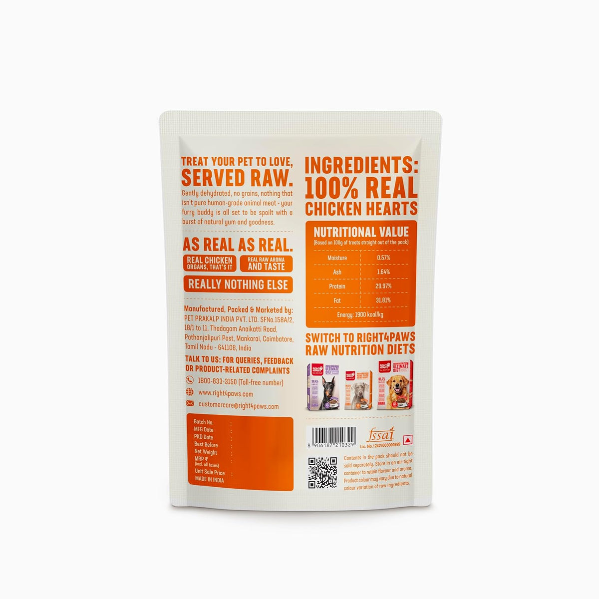 RIGHT4PAWS Chicken Heart Treats - 100% Natural & Raw, Gently Dehydrated, Grain-Free, Human-Grade Animal Meat for Dogs (Pack of 1)