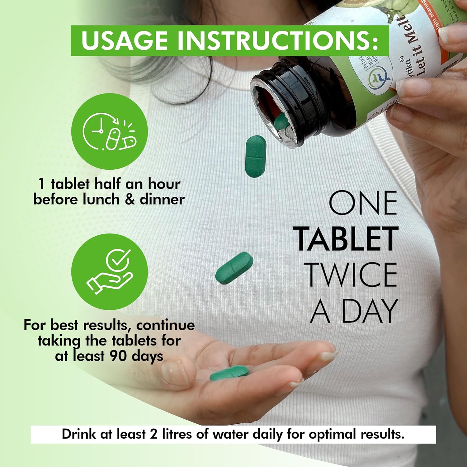 Usage instructions for a supplement with text and imagery of a person taking a pill.