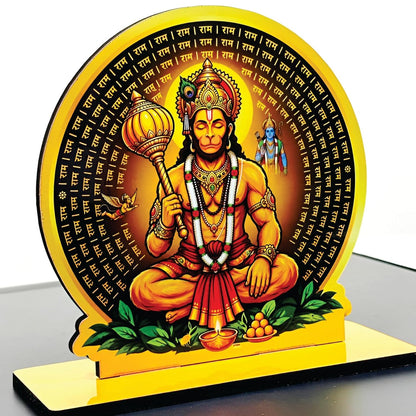 Wooden Hanuman Ji with Circular Design| Spiritual Tabletop Showpiece for Home, Office Desk, Temple, Living Room Decor, Religious Gift Item (5.6 x 6 Inch)