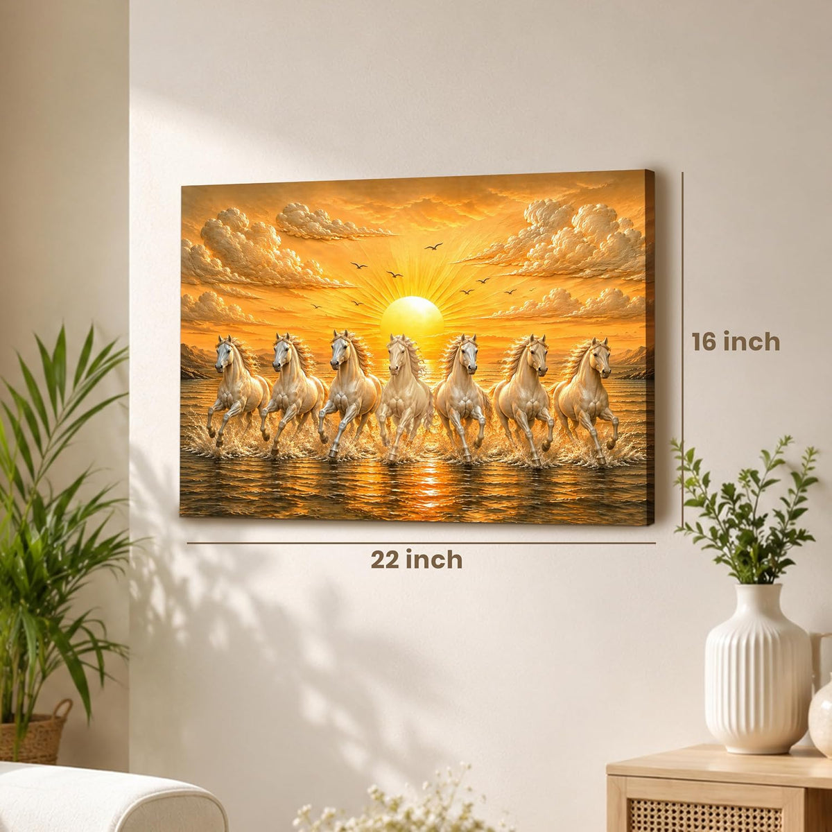 7 White Running Horses Canvas Painting For Living Room | Seven Running Horses Vastu Painting For Bedroom, Home & Office, Stretched Canvas, 16x22 Inch