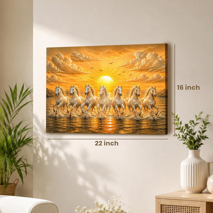 7 White Running Horses Canvas Painting For Living Room | Seven Running Horses Vastu Painting For Bedroom, Home & Office, Stretched Canvas, 16x22 Inch