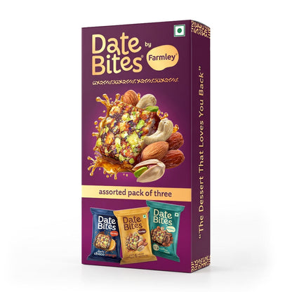Farmley Date Bites Assorted Pack 60g (20g x3) | Classic, Dark Choco Orange & Coffee Rush | Dry Fruit Bites with Almonds, Cashews & Pista | Gluten Free, No Refined Sugar | Healthy Snack with Honey & Ghee