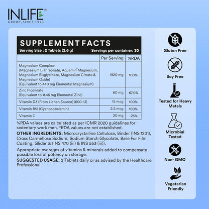 INLIFE Magnesium Supplement 2000mg | 5x Chelated Magnesium Complex Glycinate, L Threonate, Citrate, Oxide with Aquamin, Zinc, Vitamin C, D3 & B12 | For Sleep, Focus, Muscles, Immunity - 60 Tablets