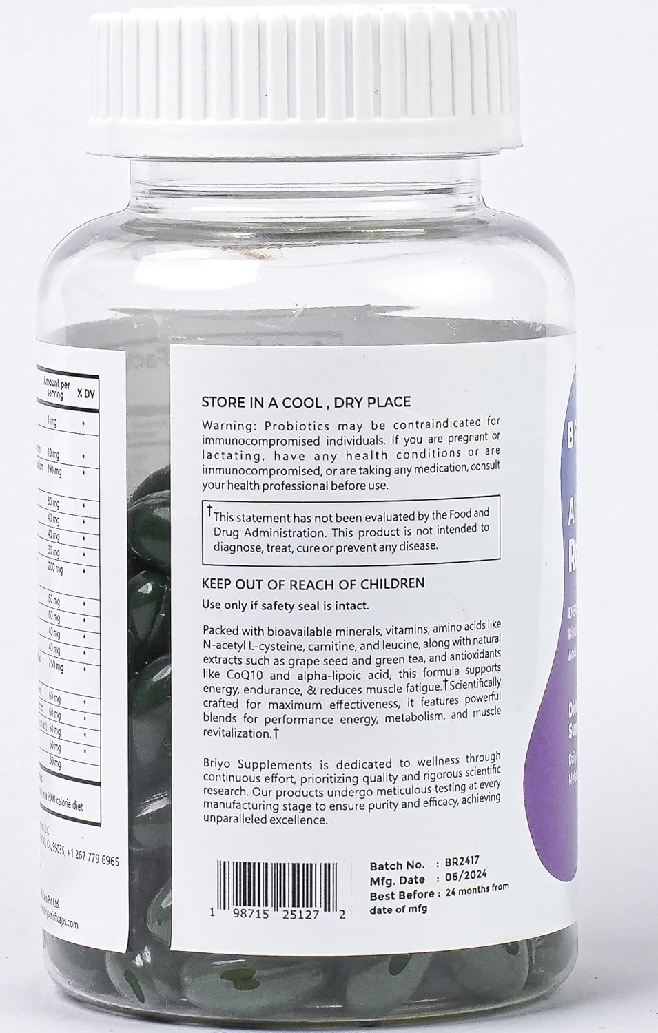 Supplement bottle with label showing storage instructions and product details.