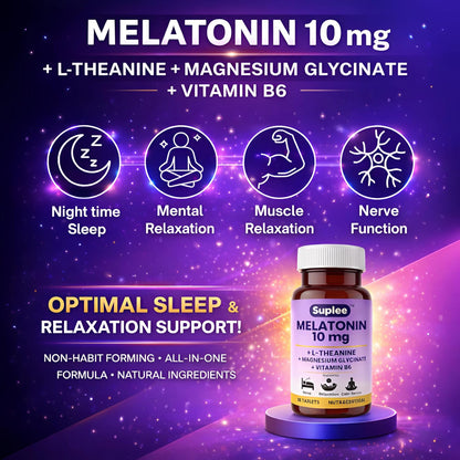 Suplee Melatonin 10mg (60 Tablets) with L-Theanine, Magnesium Glycinate & Vitamin B6 - Night Time Sleep Support Supplement - Helps with Deep Sleep & Mental Relaxation - Non-Habit Forming