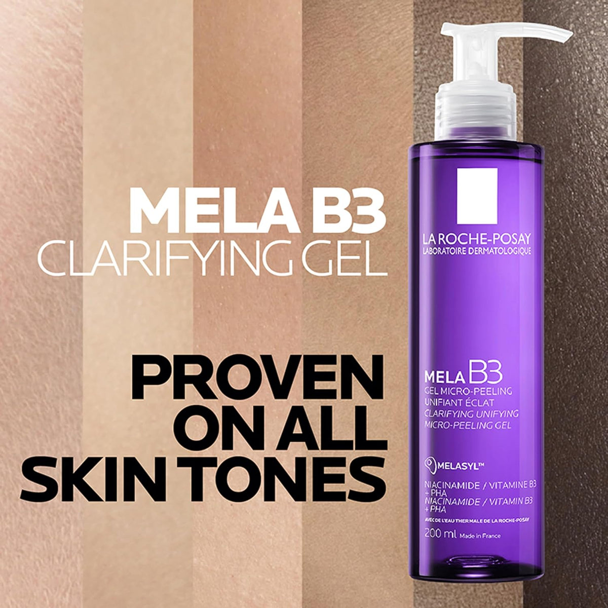 Purple bottle of La Roche-Posay Mela B3 Clarifying Gel with text on a striped background