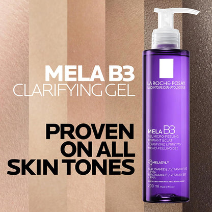 Purple bottle of La Roche-Posay Mela B3 Clarifying Gel with text on a striped background
