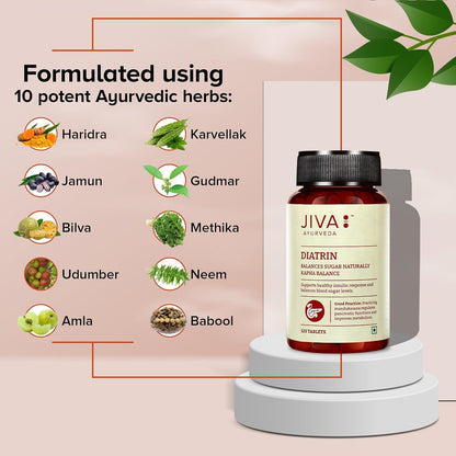 Jiva Diatrin Tablets 500mg | 100% Ayurvedic Formulation | Manages Blood Sugar Levels, Improves Metabolism & Strengthens the Pancreas | Balances Tri-Dosha- 60 Tablets (Pack of 2)