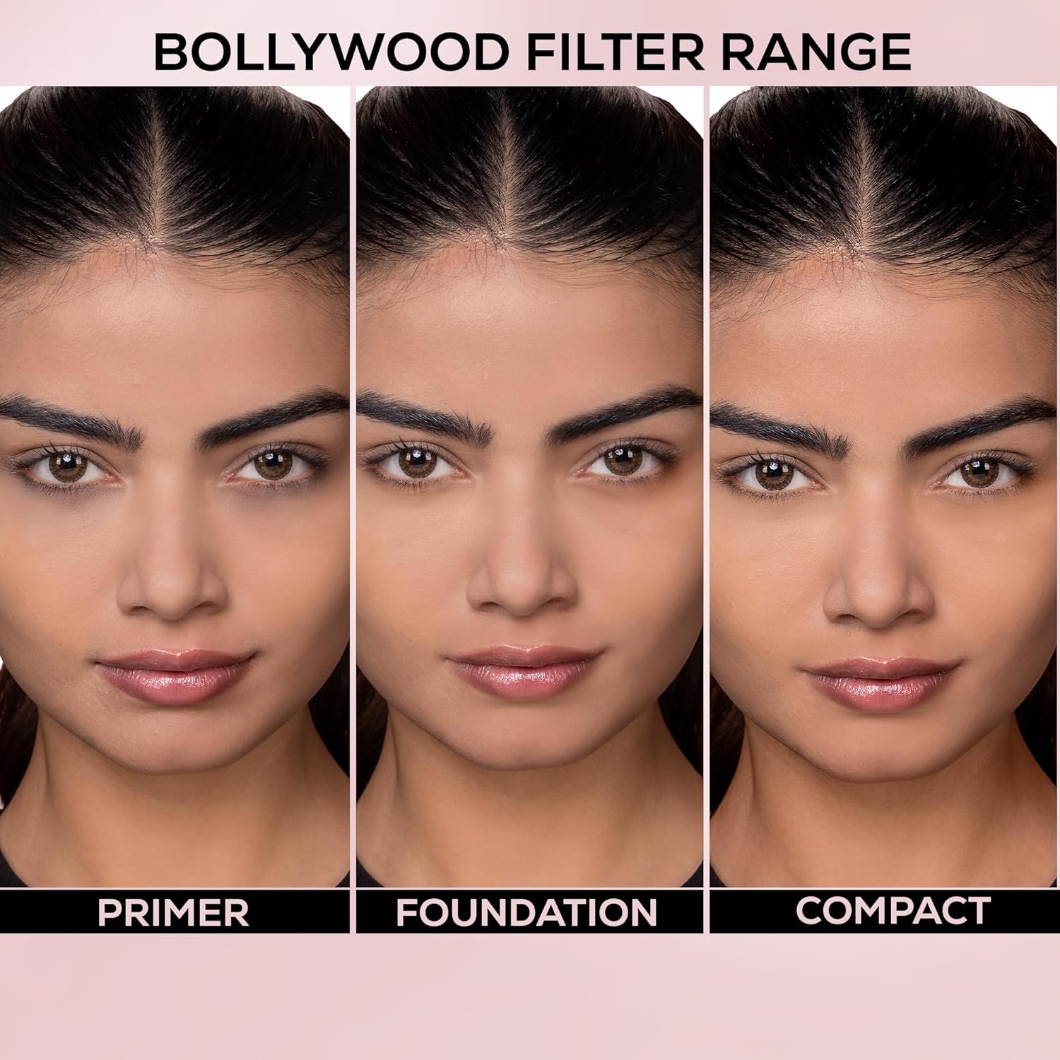 Bollywood filter range comparison on a model's face with primer, foundation, and compact.